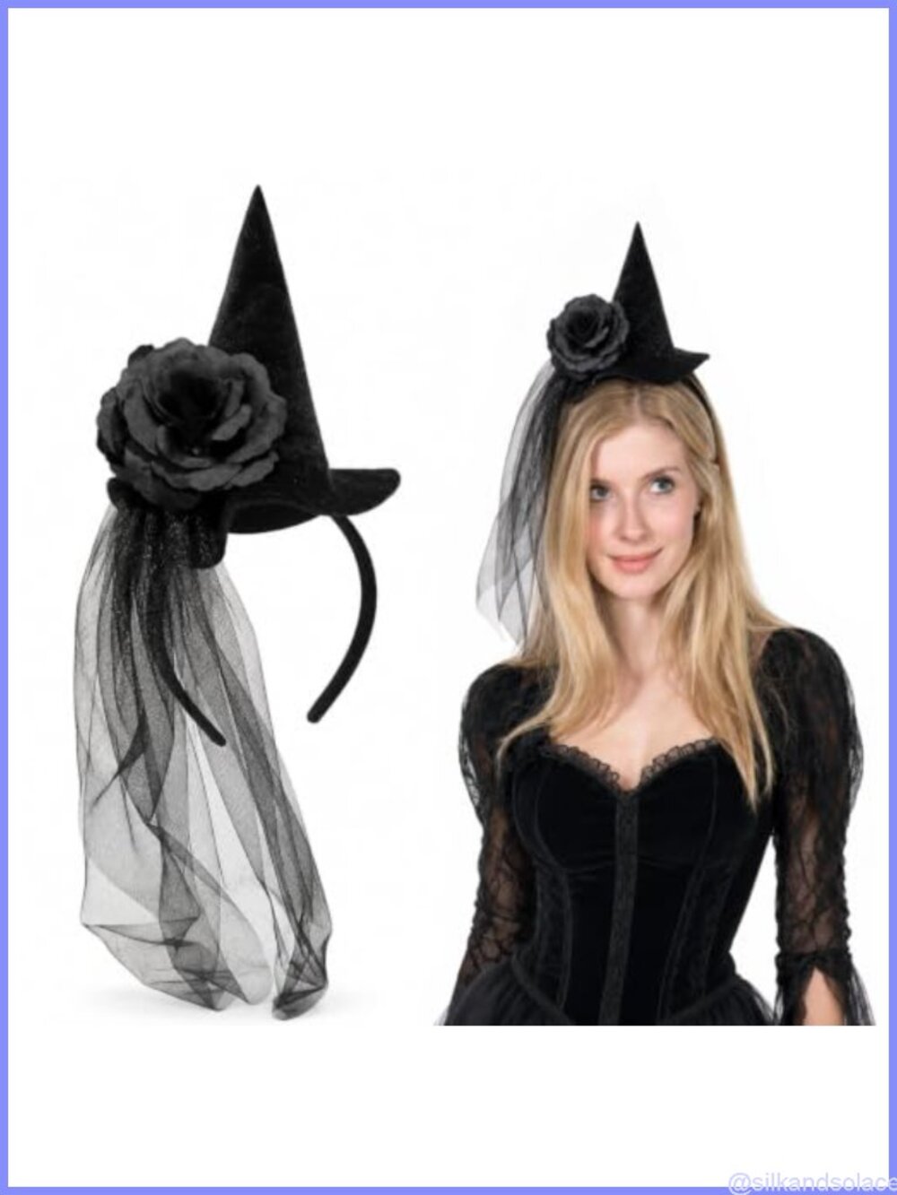 Witch Hat Headband with Black Flowers & Long Veil Halloween Costume Accessory
